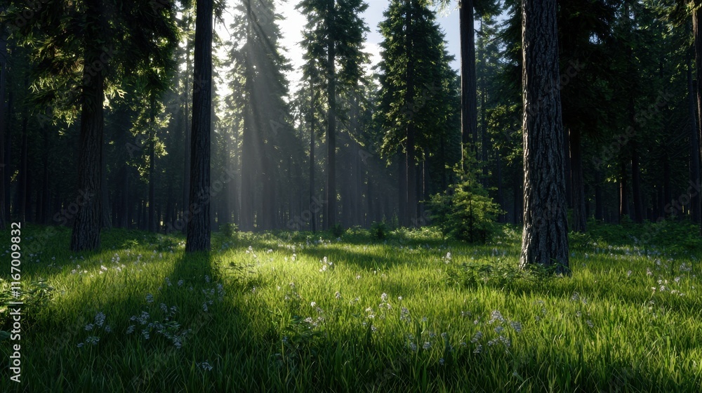 Obraz premium A forest with a lot of trees and grass