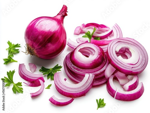 Fresh red onion slices and whole bulb isolated on white background.