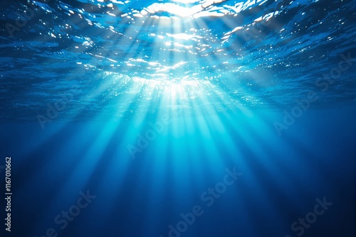 Sunbeams passing through vibrant clear ocean water, illuminating the deep blue sea with glowing rays, concept of ocean depth and tranquility. Ai generative photo