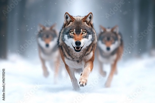 Powerful wolf pack hunting through a snow covered wilderness landscape with cinematic visual photo