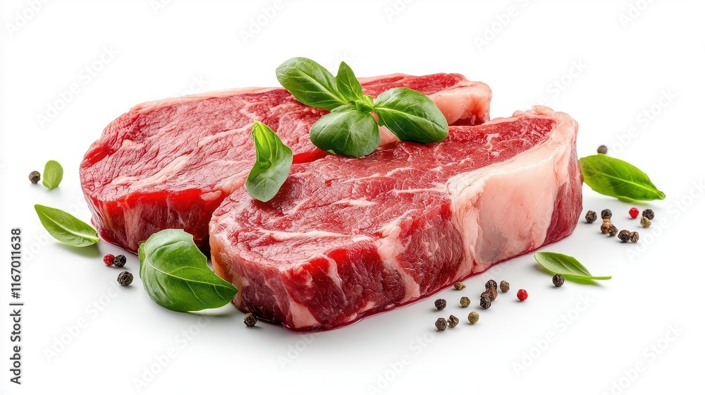 Two raw beef steaks with basil and peppercorns. Two raw beef steaks with basil and peppercorns.