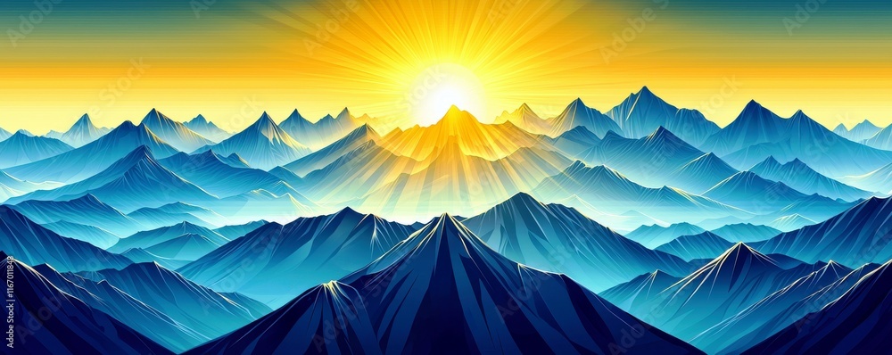 Fototapeta premium Majestic Sunrise Over Serene Mountain Landscape with Vibrant Colors and Radiant Light Shining Through the Peaks and Valleys of Nature's Splendor