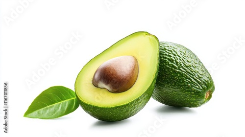 Photorealistic shot of a perfectly ripe avocado cut in half, showing the seed, isolated on a white background, fine details, ultra-HD