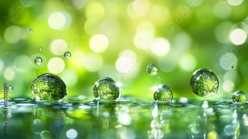 Dynamic water droplets splashing against a blurred green background with natural lighting effects photo