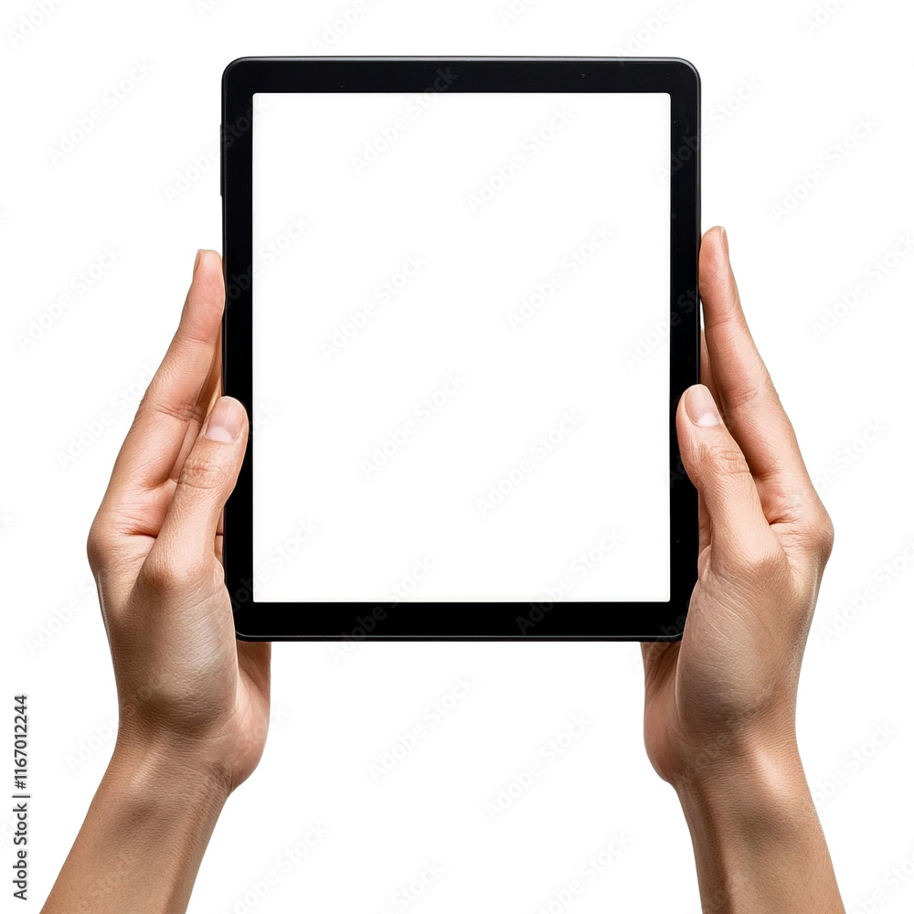 female hands holding a black tablet with a blank white screen PNG image, PNG file, Generative art. female hands holding a black tablet with a blank white screen PNG image, PNG file, Generative art.
