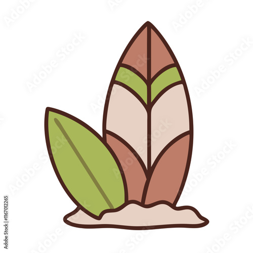 Surfboard icon with green leaf on sandy background