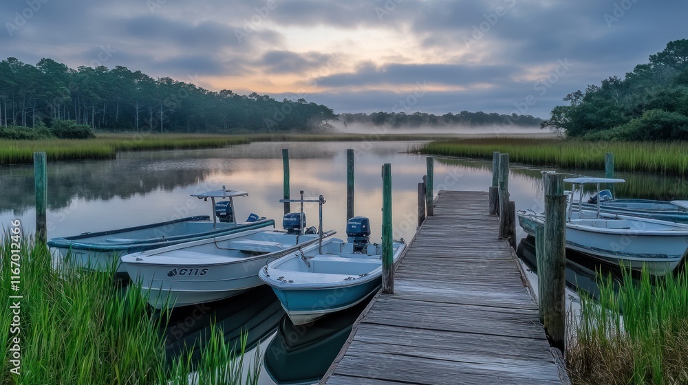 Misty sunrise over calm water with boats docked at a wooden pier. Misty sunrise over calm water with boats docked at a wooden pier.