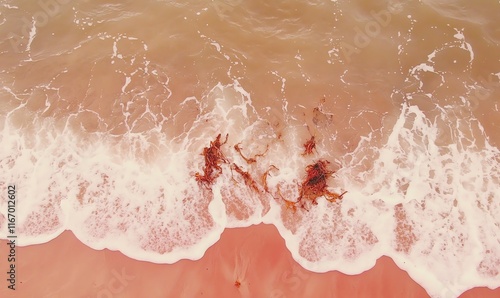 Soft wave foam receding, leaving behind bits of seaweed and driftwood on wet sand