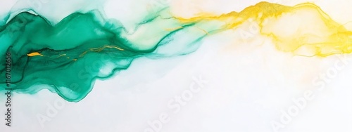 Enchanting Abstract Green and Gold Acrylic Brush Strokes on White Background