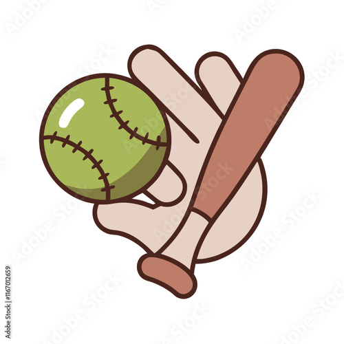 Baseball icon with green ball and bat held in hand