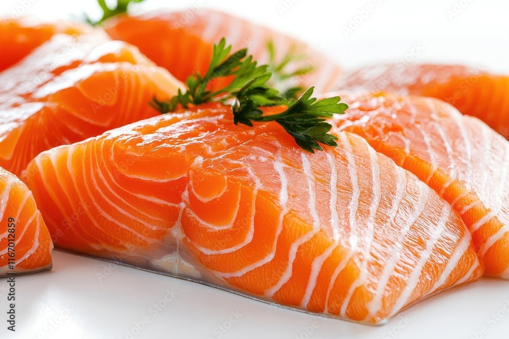 Fresh salmon fillets ready for cooking, garnished with parsley. Fresh salmon fillets ready for cooking, garnished with parsley.