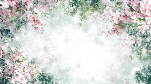 Watercolor floral frame with pink blossoms and green leaves on a white background.