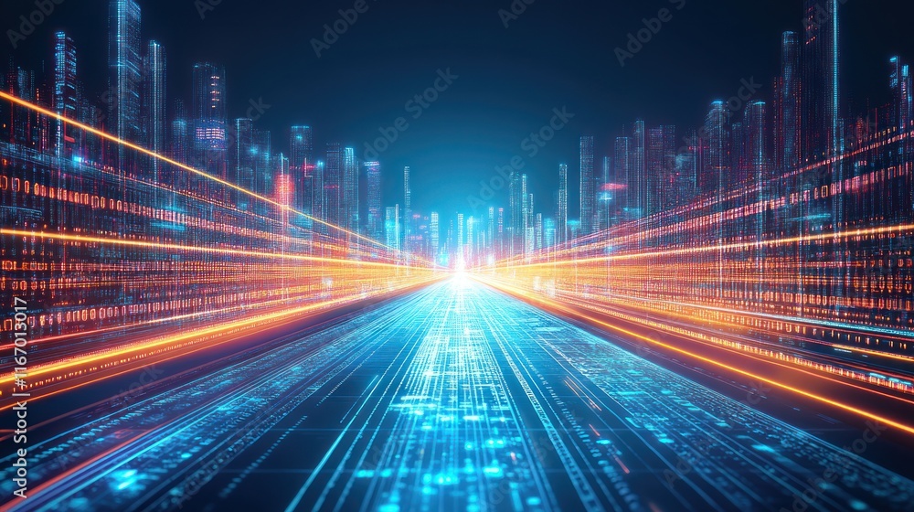 Futuristic digital city highway with glowing lines and data streams. Futuristic digital city highway with glowing lines and data streams.