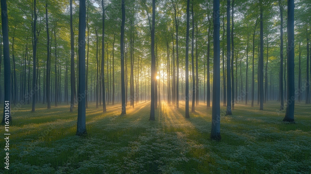 Obraz premium Sun rays illuminating a misty forest at sunrise.