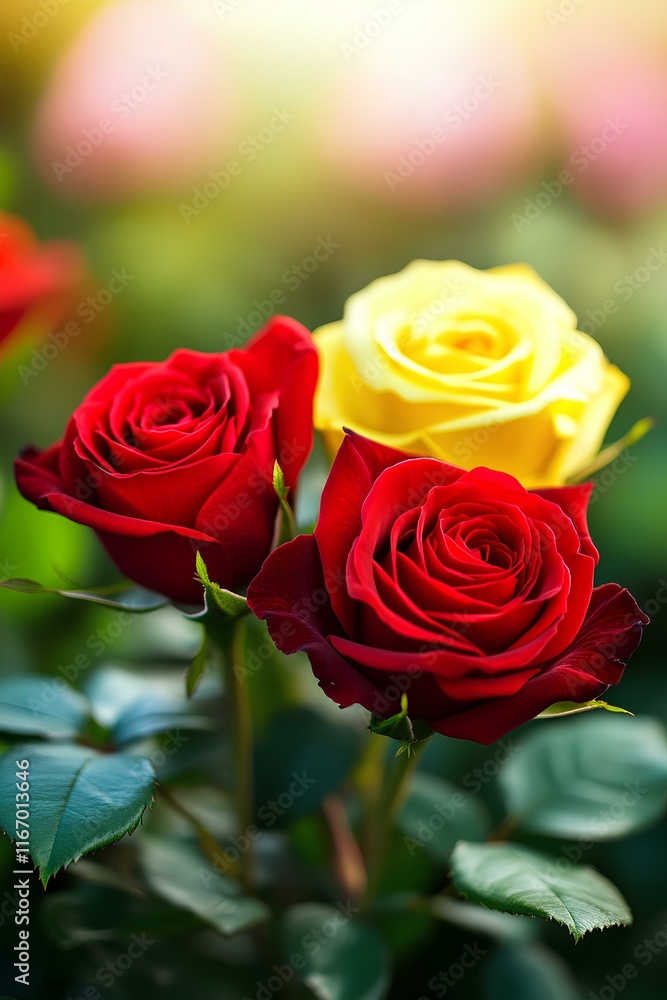 Stunning red and yellow roses in a summer garden at sunset, Copy space. Stunning red and yellow roses in a summer garden at sunset, Copy space.