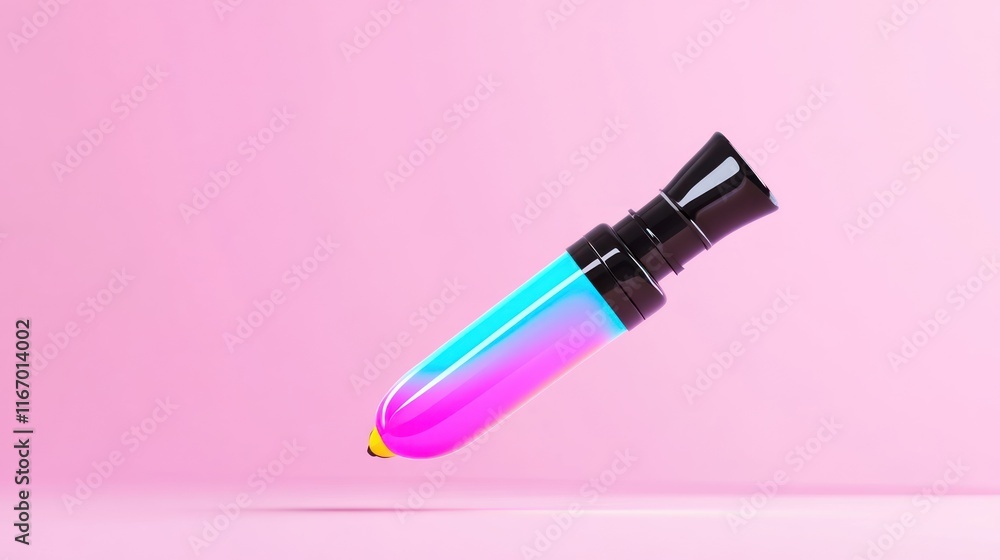 A colorful, sleek bottle with a gradient design against a pink background. A colorful, sleek bottle with a gradient design against a pink background.