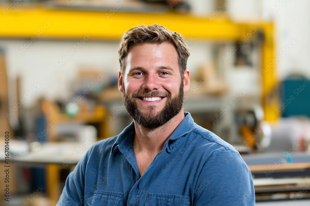 Fototapeta premium Confident Archer at Workspace Displaying Innocent Assured Smile in Soft Cinematic Lighting