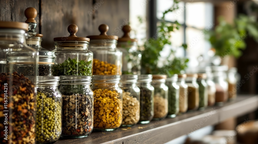 collection of jars on a wooden shelf, containing various dried herbs and spices. The jars are neatly arranged in a row, and the scene appears to be set in a kitchen or a spice shop.