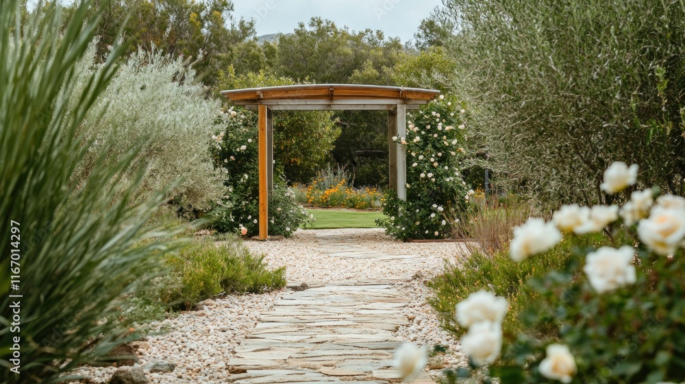 Stone path leads to wooden arbor covered in climbing roses in a garden. Stone path leads to wooden arbor covered in climbing roses in a garden.