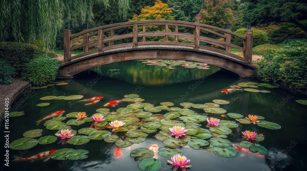 Serene Japanese garden pond with wooden bridge, koi fish, and water lilies. Serene Japanese garden pond with wooden bridge, koi fish, and water lilies.
