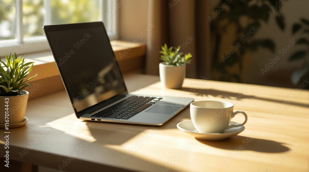 A cozy workspace features a laptop on a wooden desk, a cup of coffee, and two potted plants, bathed in warm, natural sunlight from a window. A cozy workspace features a laptop on a wooden desk, a cup of coffee, and two potted plants, bathed in warm, natural sunlight from a window.