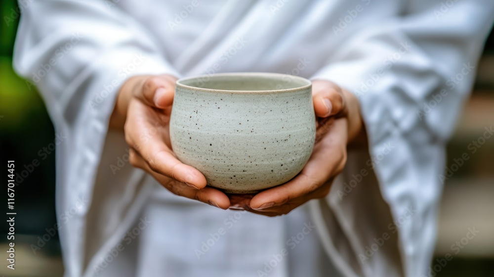 Hands holding a small, speckled, off-white ceramic cup. Hands holding a small, speckled, off-white ceramic cup.