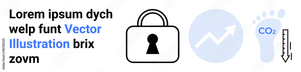 Lock with keyhole, ascending graph with arrow pointing upwards, carbon footprint with CO2, and thermometer. Ideal for security, data growth, environmental impact, carbon footprint, climate change Lock with keyhole, ascending graph with arrow pointing upwards, carbon footprint with CO2, and thermometer. Ideal for security, data growth, environmental impact, carbon footprint, climate change