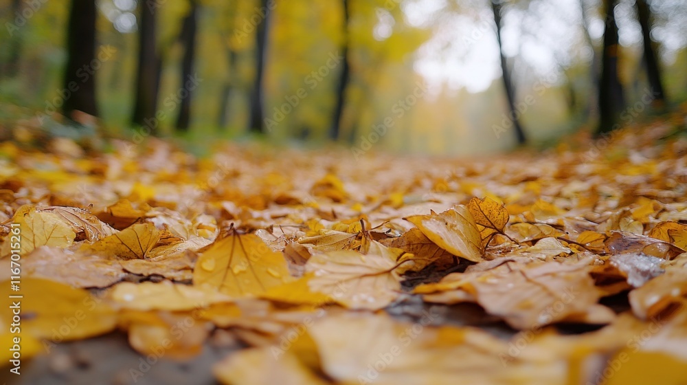 Autumn leaves cover a path in a park. Autumn leaves cover a path in a park.