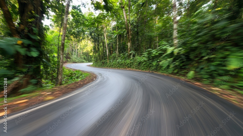 Curved road in dense fog with reduced visibility, showcasing a dangerous path and motion blur. Concept of risky driving conditions and poor weather safety on winding roads Curved road in dense fog with reduced visibility, showcasing a dangerous path and motion blur. Concept of risky driving conditions and poor weather safety on winding roads