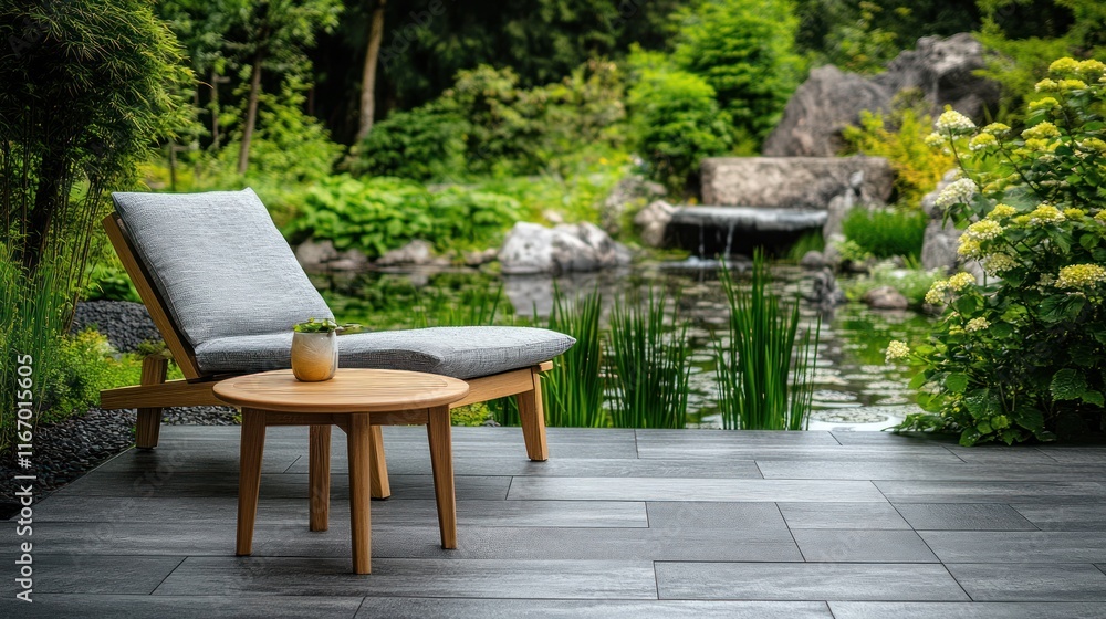 Relaxing patio scene with lounge chair, side table, and pond. Relaxing patio scene with lounge chair, side table, and pond.
