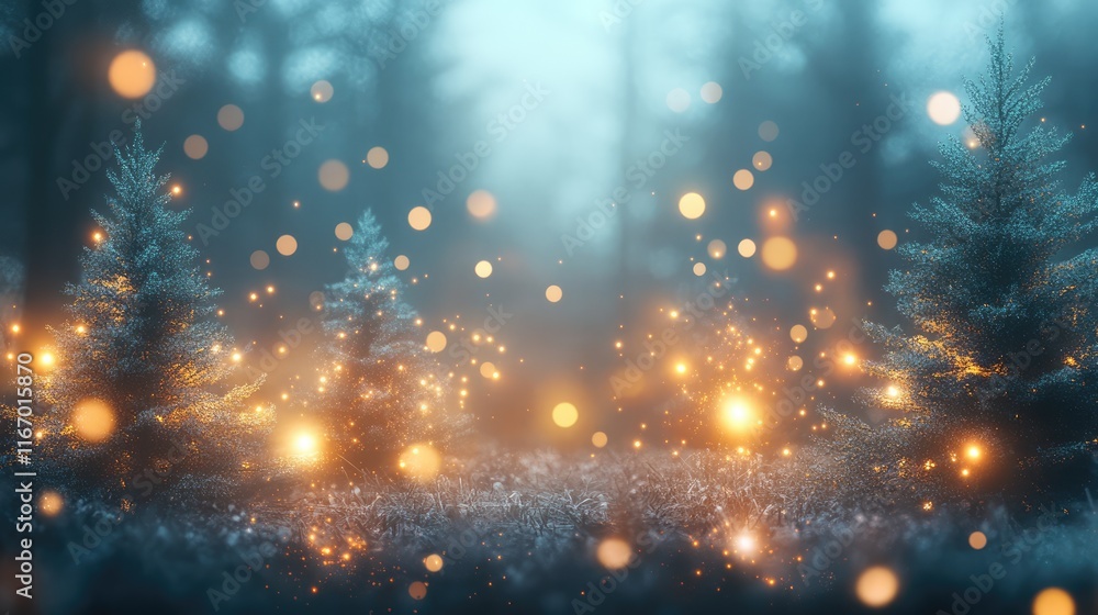 Magical forest with christmas trees and blurry glowing lights Magical forest with christmas trees and blurry glowing lights