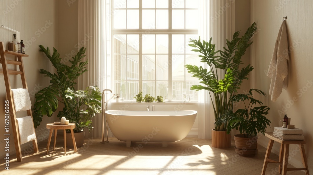 Fototapeta premium Sunlit bathroom with freestanding tub, plants, and wooden accents.