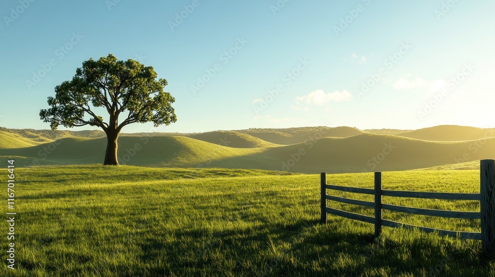 Serene landscape of a lone tree in a sunlit green field with a wooden fence.