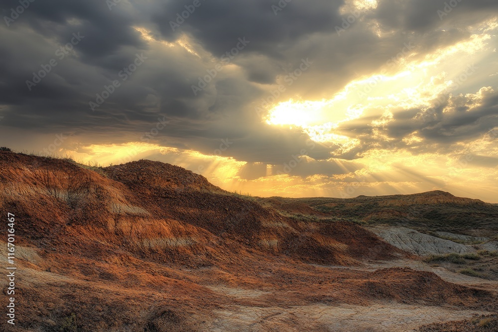 A stunning view of the sunset over red rock formations in the White Desert, Utah, with a bright sun shining through clouds, creating beautiful light rays that illuminate the orange and brown rocks. A stunning view of the sunset over red rock formations in the White Desert, Utah, with a bright sun shining through clouds, creating beautiful light rays that illuminate the orange and brown rocks.
