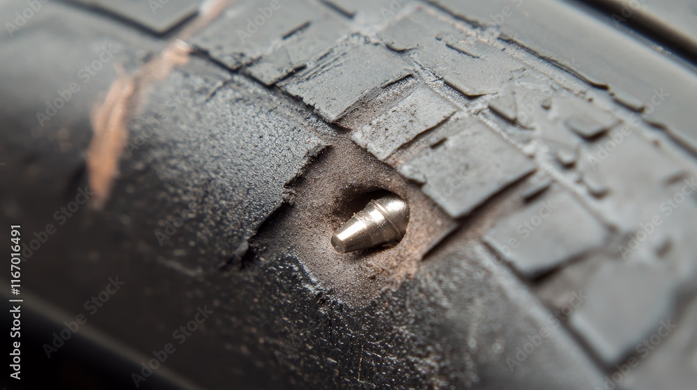 Close-up of a metallic nail embedded in a damaged tyre before repair. Symbolizing car maintenance, vehicle safety, and tire repair process in automotive repair shop Close-up of a metallic nail embedded in a damaged tyre before repair. Symbolizing car maintenance, vehicle safety, and tire repair process in automotive repair shop