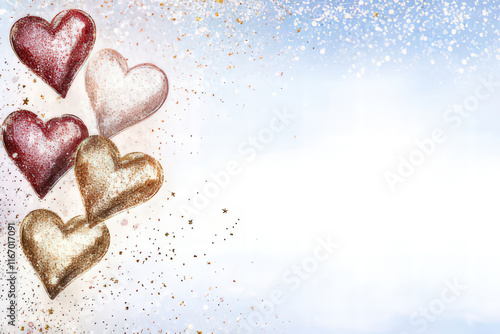 Elegant glitter hearts in pink and red on light ground with space for text, Valentine's Day Card, Background