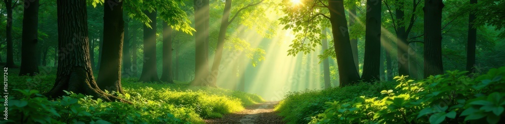 Sunbeams pierce emerald canopy, dappled light on forest floor, bright, woods, nature Sunbeams pierce emerald canopy, dappled light on forest floor, bright, woods, nature
