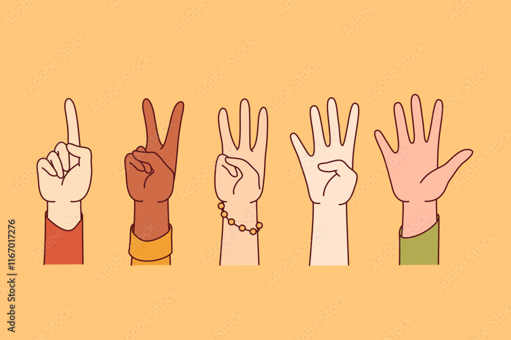 People hands show numbers from 1 to 5 , assessing quality of services received or goods purchased. Numbers one, two, three, four and five showing people of different races and nationalities People hands show numbers from 1 to 5 , assessing quality of services received or goods purchased. Numbers one, two, three, four and five showing people of different races and nationalities