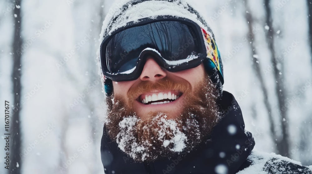 Happy smiling skier or snowboarder with a beard, wearing winter hat and black goggles, posing in a snow blizzard in the forest. Snow on his face adds to the cheerful winter adventure spirit