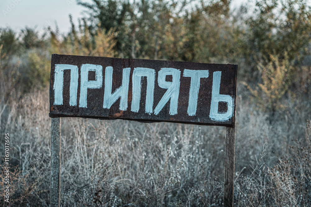 Fototapeta premium A weathered sign with the word 'Припять' in Cyrillic script, standing in an overgrown, abandoned area.