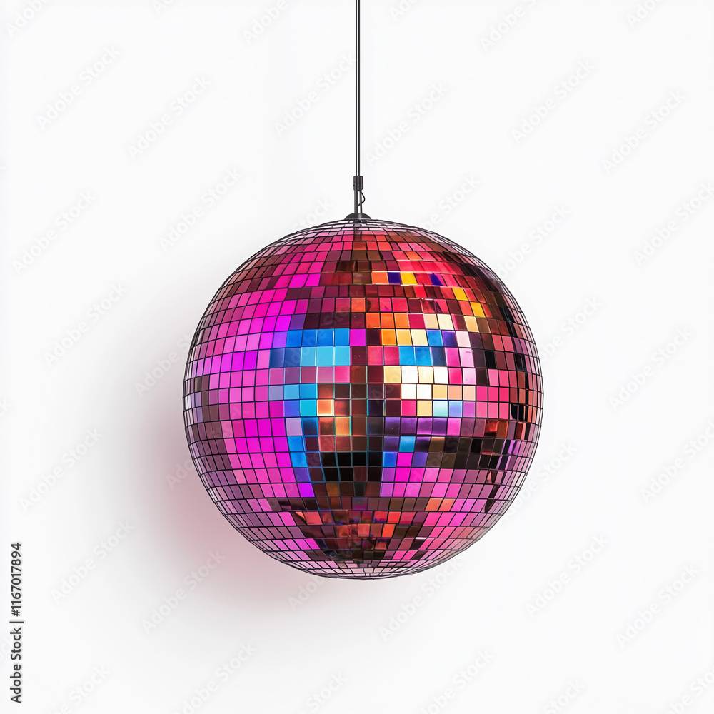 Fototapeta premium Purple disco ball hanging isolated on white