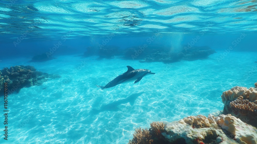 Naklejka premium Dolphin swimming in clear ocean water above coral reef.