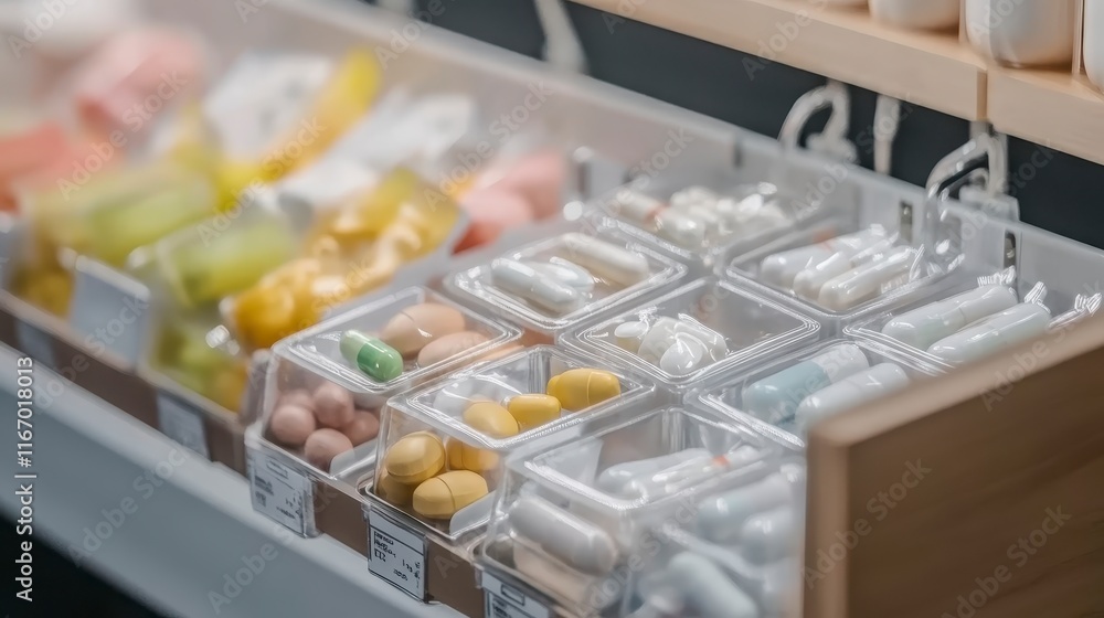 Organized Medication Storage Close up of Pills and Capsules in Clear Compartments