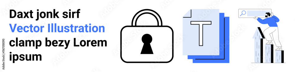 Lock icon for security, text documents symbolizing data, and business person analyzing charts representing growth. Ideal for data protection, business strategy, document management, analytics Lock icon for security, text documents symbolizing data, and business person analyzing charts representing growth. Ideal for data protection, business strategy, document management, analytics