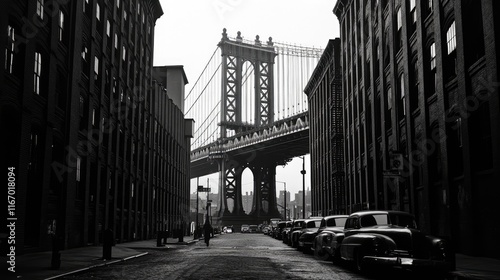 Manhattan Bridge in New York City, view from the street between brick buildings, New York City, Architectural photography.