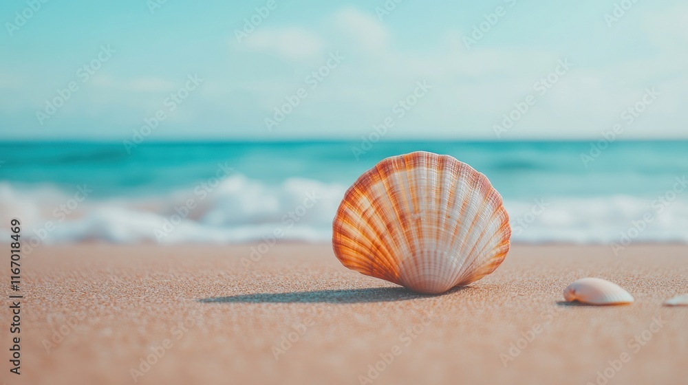 Seashell on sandy beach near ocean waves. Seashell on sandy beach near ocean waves.