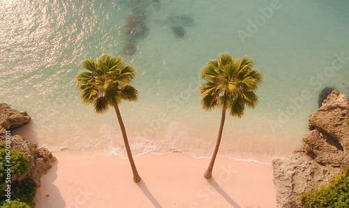 Tall palm trees framing a scenic shoreline, bright turquoise water, vibrant tropical paradise atmosphere