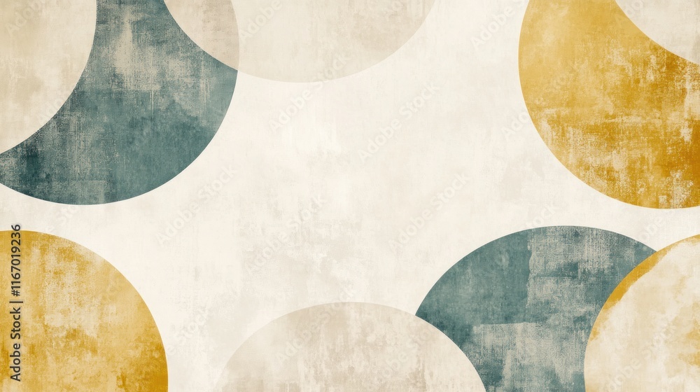 Abstract art with overlapping circles in teal, gold, and beige on a textured background. Abstract art with overlapping circles in teal, gold, and beige on a textured background.