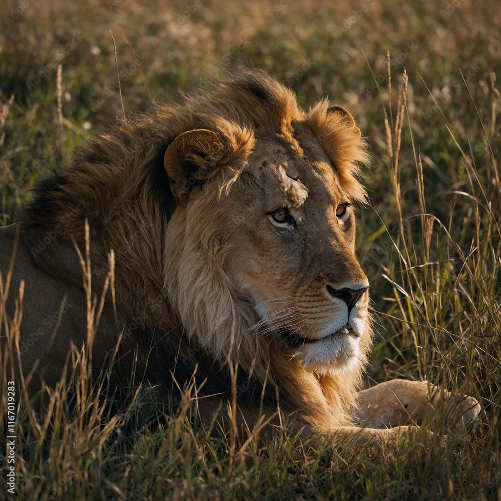 Highlight a lion resting in tall grass. Highlight a lion resting in tall grass.