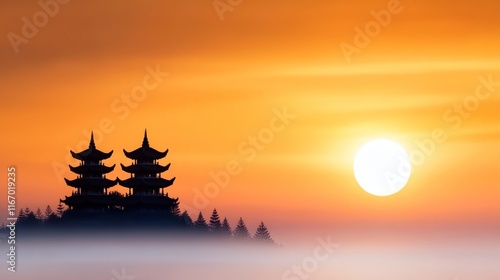 Serene sunrise over pagodas shrouded in mist.